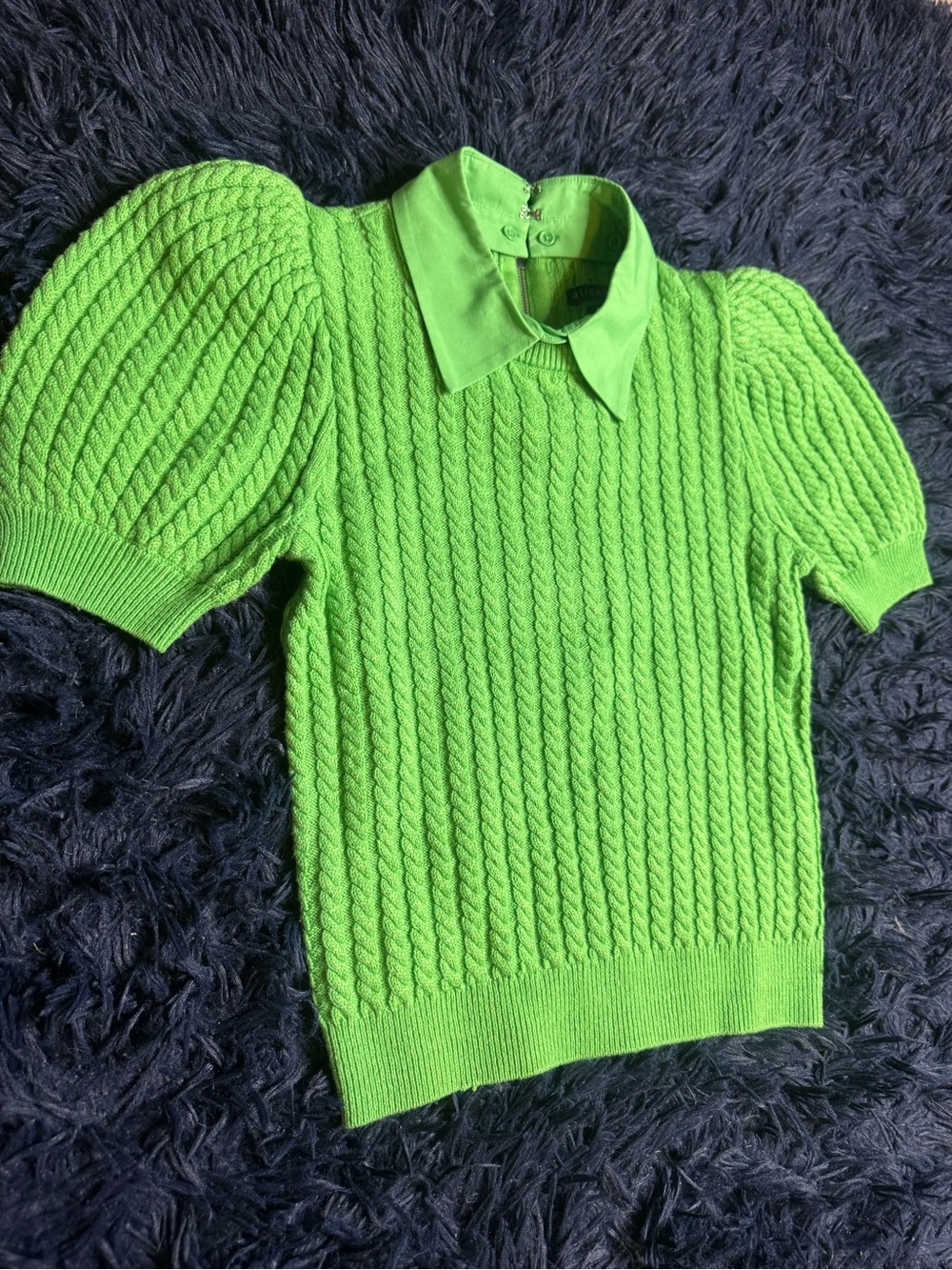 Brand NWOT Alice + Olivia Chase Cable Knit Puff Sleeve Sweater In Green. Size S - Picture 9 of 16